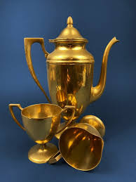 Vintage Brass Coffee Pot, Creamer & Sugar Bowl. Heavy Brass ...