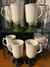 HALL Set of 8 Pedestal IRISH COFFEE MUGS-4 White/Black & 4 ...