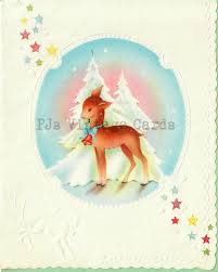Vintage Christmas Card Adorable Deer Reindeer White Trees ...