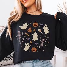 Spooky Halloween Sweatshirt, Cute Ghost and Skeleton ...