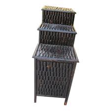 1970s Burnt Bamboo End Table 3 Tier 2 Door and 2 Drawer Dark | Chairish