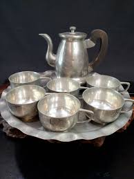 Rare Anrique Chinese Export Pewter Teapot Set W/6 Cup on a tray | eBay