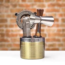 Five Piece Hammered Brass Finish Cocktail Tool Set