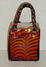 Art Glass Purse Vase Vtg Hand Blown Brown Animal Jungle Print Style 7.25" | eBay.de