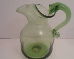 Vintage Hand Blown Green Art Glass Pitcher Crimped Top Pontil Mark Applied Handle Tiny Bubbles Charming Organic Color 5" - Etsy