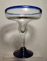 4 PIER 1 Mexican HandBlown MARGARITA GLASSES w/Cobalt Blue ...