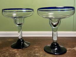 2 Mexican Hand Blown Glass Margarita Glasses Cobalt Blue Rim ...