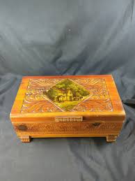 Vintage Carved Wood Footed Jewelry Box Farm Scene Large Rose ...