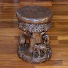 Wood Stool of Elephants Around a Tree in Brown from Thailand