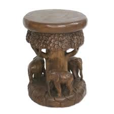 Wood Stool of Elephants Around a Tree in Brown from Thailand ...