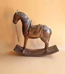 Vintage Indian Hand Carved Wooden Rocking Horse Figure, Brass and Copper Embellished Massive Horse Statuette. - Etsy