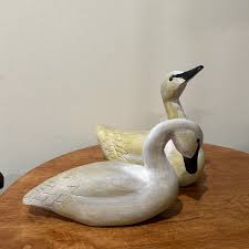 Vintage Primitive Folk Art Wood White Pair Hand-Carved Swan ...