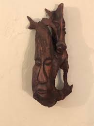 Primitive Folk Art Sculpture Hand Carved Wood Two Faces ...