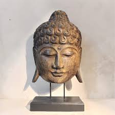 Hand-carved Wooden Buddha Head Sculpture on Stand - Zen ...
