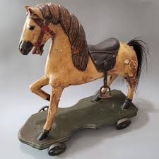 Antique Large Carved Wooden Horse Pull Toy w/ Leather Saddle ...