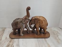 Vintage Handcrafted Elephants Carved Solid Wood Sculpture ...