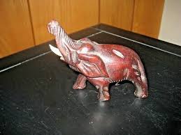 Small Wood Colored Polyresin Carved Elephant Raised Trunk Figurine w/Tusks | eBay
