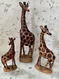 Hand Carved Mahogany African Giraffe Wood Figures Family Set Of 3 6”-12” Tall | eBay