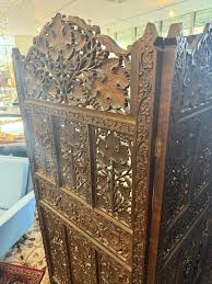 Antique Hand Carved Three Panel Dark Teak Pierced Room ...