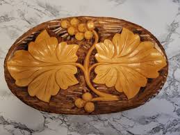 Vintage Hand Carved Wood Plate Leaf Leaves Design Wood Serving Dish Trinket Tray | eBay Australia