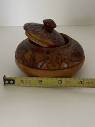Hand Carved Round Wooden Trinket Bowl With Lid Brown Tonal | eBay