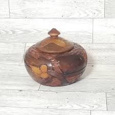 Vintage Carved Wooden Wood Jar Bowl With Lid Handmade Carvings Leaves | eBay