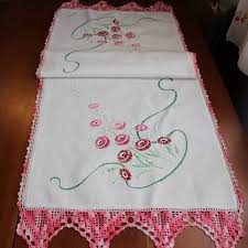 Vintage Linen Runner Embroidered Flowers Dresser Scarf Pink ...