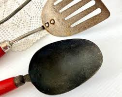 Vintage Red Wood Handle Kitchen Utensil Set: Spatula, Masher ...