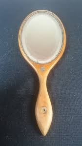 Antique Wooden Vanity Hand Mirror Wood with Mother of Pearl Inlay and