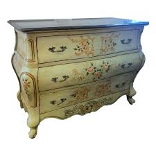 Vintage Hand Painted Floral Chinoiserie 3 Drawer Curvy Black Stone Top Bombe Chest | Chairish