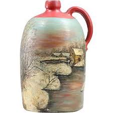 After Grandma Moses Painted Winter Scenic Stoneware Jug