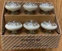 Set of 6 Furniture Drawer Pulls Color Silver & White Ceramic ...