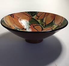 Vintage Handcrafted Art Pottery Bowl Orange Green Floral ...