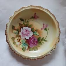 Vintage Hand-painted Cabbage Rose 9" Floral Bowl/ Cabinet ...