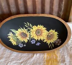 Large Wooden Primitive Bowl W/ Sunflowers | eBay
