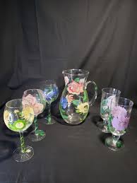Pitcher and Two Sets of Glasses Hand Painted Spring Flowers ...