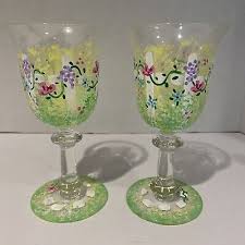 Hand Painted Glasses Goblets Water Wine Colorful Floral Signed CR Set of 4 | eBay