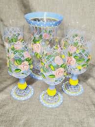 Annie's treasures Hand Painted set of 6 Hurricane glasses & vase Roses blue rim | eBay