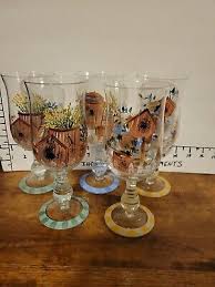 Set of 5 Hand Painted Glasses/Goblets Birdhouses, Birds, Flowers | eBay