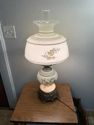 Vintage Milk Glass Painted Flowers Hurricane Parlor Brass ...