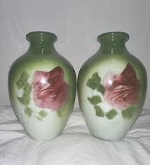 Vintage Set 2 White Milk Glass Handpainted Green With Pink ...