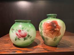 Pair of Victorian Milk Glass Hand Painted Floral Fostoria ...