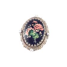 Germany Transfer Floral Print Ceramic Plaque Filigree Brooch ...