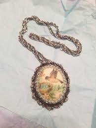 Vintage Eggshell Pendant Necklace Colorful Bird Brooch ...