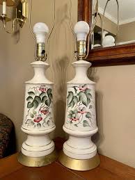 Pair Of Vintage Milk Glass Lamps hand painted Flowers ...