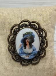 Antique Hand Painted Lady Portrait Picture Brooch Brass ...