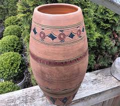 15.25" TERRA COTTA floor vase vtg columbian pottery incised ...