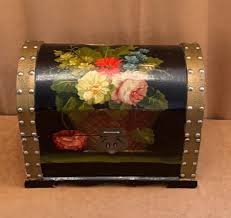 Floral Wooden Lacquered Domed Box Large Jewelry storage hand painted trunk 13" | eBay