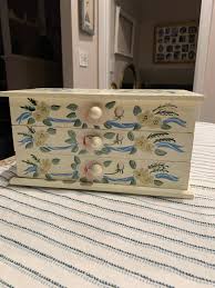 Vintage Hand Painted Jewelry Box Cottage Core 3 Drawer Wood Floral Design