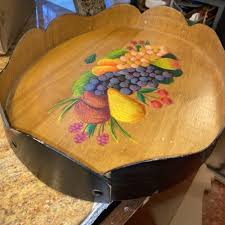 Vintage Lg MCM WOOD SERVING TEAY MASSIVE SCALLOPED EDFE & TOLE PAINT | eBay